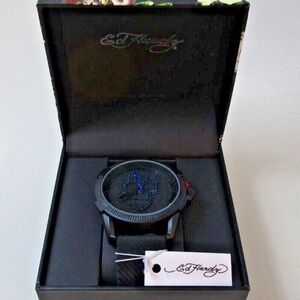 Ed Hardy men’s skull print dial Matte Black silicone strap analog watch …